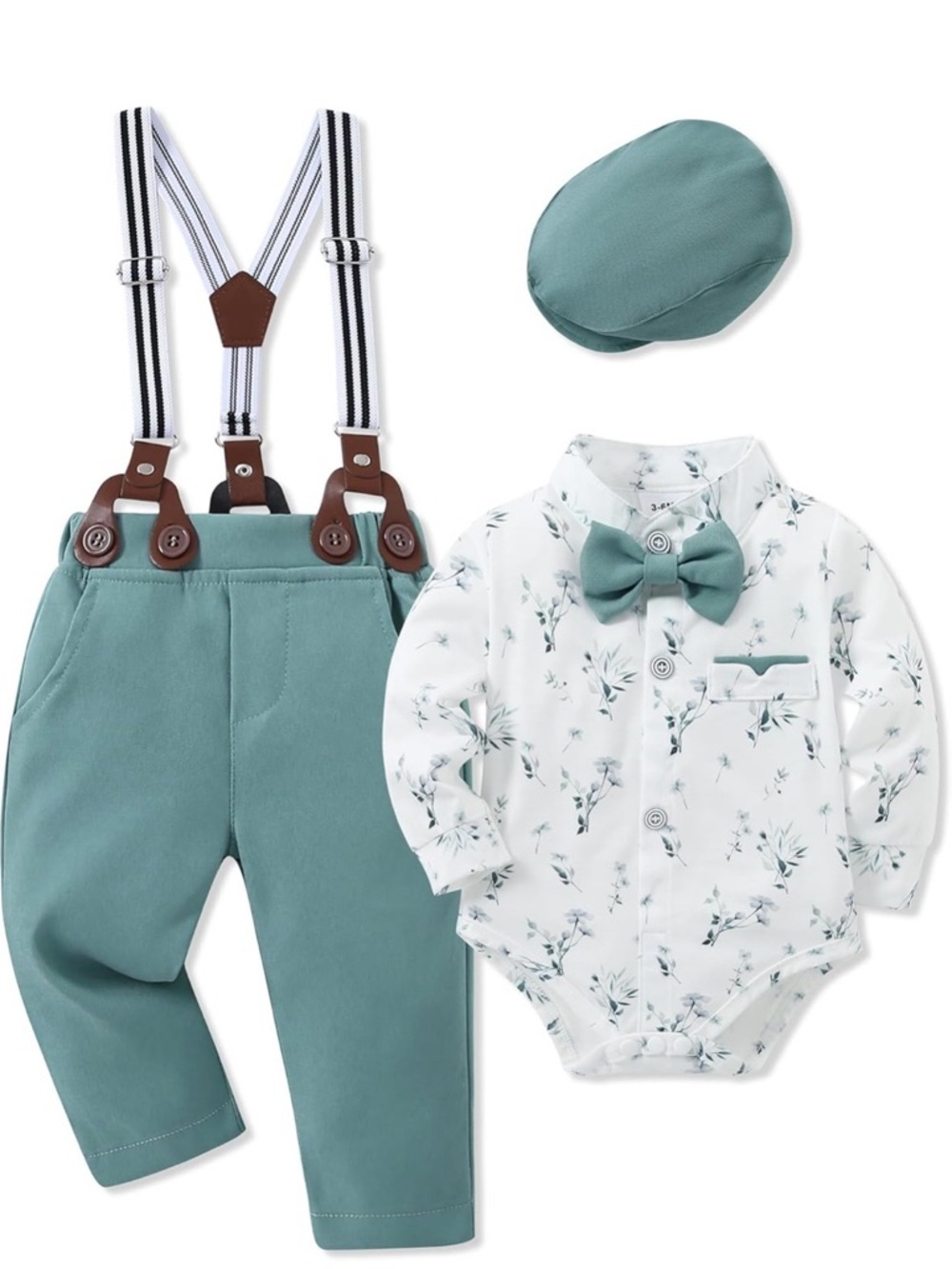 Baby Boy Teal Green Suspender Outfit with Floral Bodysuit and Cap 9-12m